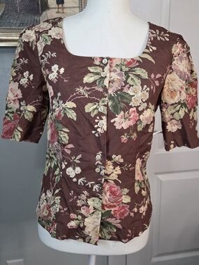 Laura Ashley Silk Floral Button-Front Square Neck Top - Brown/Pink